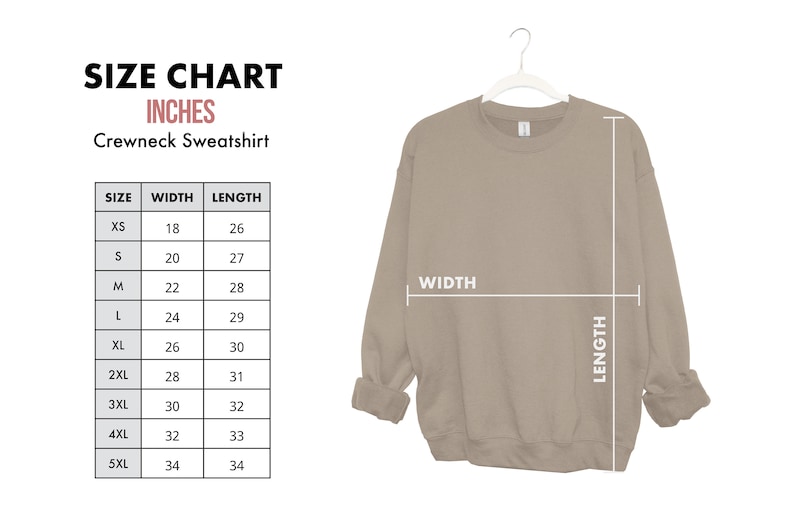 May include: Size chart for a crewneck sweatshirt in inches. The chart shows the width and length measurements for sizes XS to 5XL.