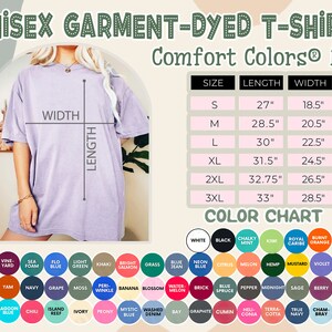 May include: A light purple unisex garment-dyed t-shirt from Comfort Colors 1717. The image includes a size chart with measurements in inches and a color chart with various color options. The shirt is shown on a person.