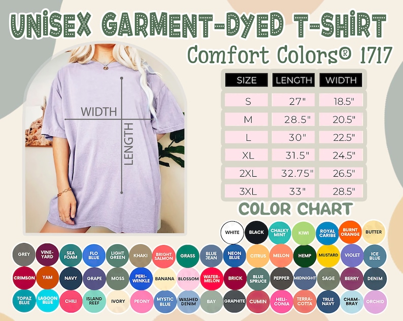 May include: A light purple unisex garment-dyed t-shirt from Comfort Colors 1717. The image includes a size chart with measurements in inches and a color chart with various color options. The shirt is shown on a person.