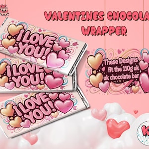 Pode incluir: Embalagens de chocolate do Dia dos Namorados com texto "I Love You" e desenhos de corações em rosa e pêssego. As embalagens são projetadas para uma barra de chocolate britânica de 110 g. Fundo rosa com corações decorativos.