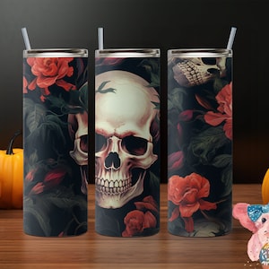 Mooie donkere FLORAL SKULL drankje beker sublimatie, mooie gotische digitale ambachtelijke clipart 20oz magere beker wrap ontwerp aangepaste cadeau vol 2