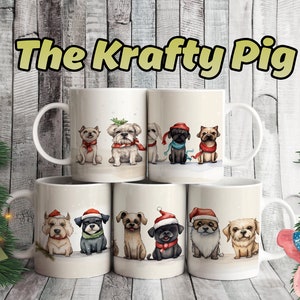 Set mit 5 WEIHNACHTSHUNDEN 11 Unzen BECHER-Designs, Sublimation, kundenspezifisch, Becheretikettendesign, personalisiertes Geschenkschalen-Bundle, einzigartig, niedliche Hunde