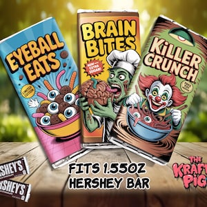 May include: Three novelty candy bar wrappers with spooky illustrations. "Eyeball Eats" features a bowl of eyeballs and worms. "Brain Bites" shows a zombie chef. "Killer Crunch" depicts a clown. Hershey's bars are at the bottom. The wrappers fit a 43.9 gram Hershey bar.