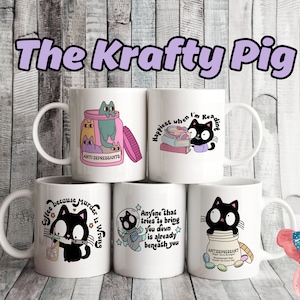 Juego de 5 diseños divertidos de tazas de gato de 11 oz para sublimación, etiquetas personalizadas para tazas, regalo personalizado, paquete de tazas, único, salud mental, amor propio, citas