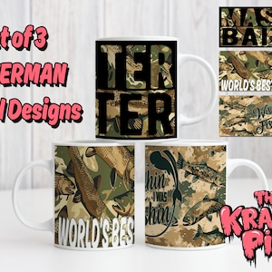3 VISSEN Mokomslag, 11oz sublimatiemokontwerp, cadeau voor papa, beste visser ter wereld, koffiemok, png-omslag, Vaderdag, Master Baiter, mokken