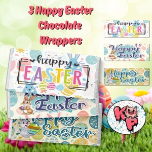 3 envoltorios de barra de chocolate "FELICES PASCUAS", regalo de celebración, barra de chocolate personalizada, etiqueta digital de barra de caramelo, ¡regalo único de CONEJITO de Pascua!