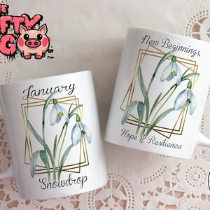 Diseño de taza de 11 oz de FLOR del mes de NACIMIENTO, Envoltura de taza personalizada de sublimación con significado de campanilla de enero, Regalo personalizado para mamá, abuela, tía y amigos