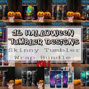 HALLOWEEN 20oz Skinny Tumbler Digital Sublimation Wrap Design MEGA BUNDLE (x16), Unique Custom Artwork, Cartoon inspired Neon Graffiti Art