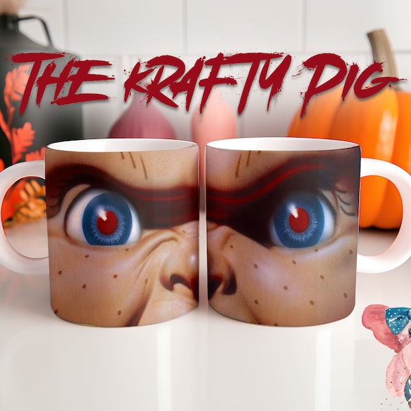 Halloween Horror Movie CHILDS PLAY inspired 11oz MUG Wrap Sublimation, Custom Digital Art, Unique Evil eyes/Stare design, coffee cup design