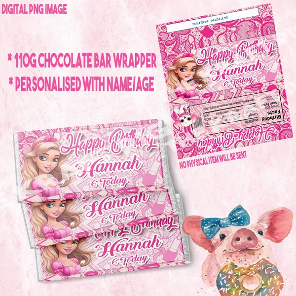 Pink PRINCESS Barb Custom Personalised Digital Birthday Party Chocolate bar Wrapper, Party Favour, Gift, Printable, Craft, Cute, Unique, Fun