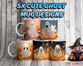 Set of 5 Cute GHOST & FLOWERS Halloween MUG Sublimation Art,  Digital Craft Clipart, 11oz Mug Wrap  unique Coffee Cup Digital Designs.