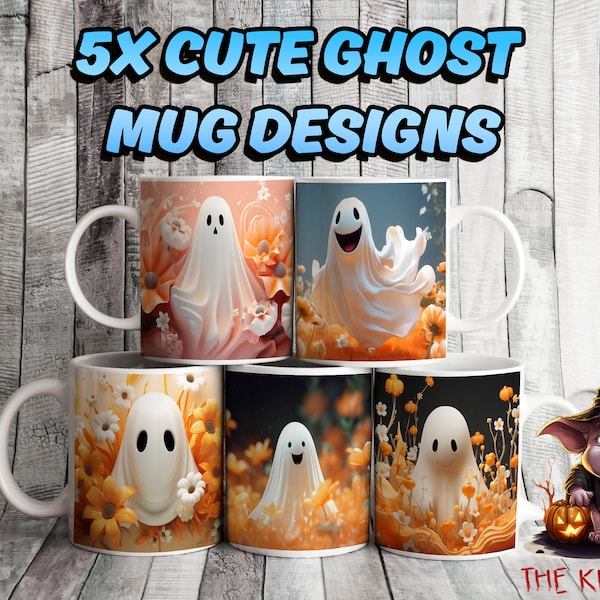 Set of 5 Cute GHOST & FLOWERS Halloween MUG Sublimation Art,  Digital Craft Clipart, 11oz Mug Wrap  unique Coffee Cup Digital Designs.