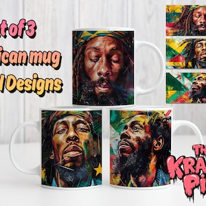 3 "ONE LOVE" Reggae 11 Unzen Tassendesigns, benutzerdefinierte Sublimationstasse, Aquarelltassendesigns, jamaikanische Tassenverpackung, digitaler Download, Bob PNG Designs.
