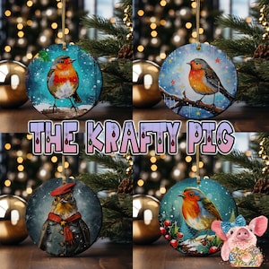 Lot de 4 boules de Noël colorées uniques ROBIN, boule de Noël ronde, téléchargement PNG instantané, décoration d'arbre de Noël, boule de sublimation