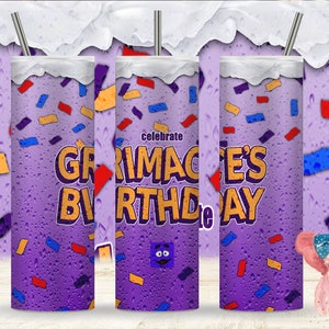Diseño de sublimación de vaso digital "GRIMACE SHAKE" de edición limitada con mensaje de feliz cumpleaños, diseño exclusivo personalizado de envoltura de vaso delgado digital de 20 oz