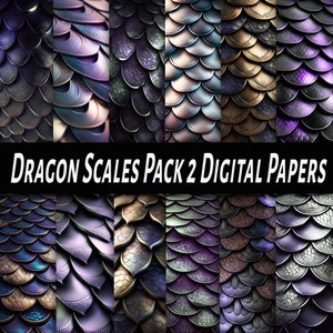 May include: A digital paper pack featuring 10 seamless patterns of iridescent dragon scales in various shades of purple, blue, and gold. The patterns are perfect for creating fantasy-themed designs, backgrounds, and textures.