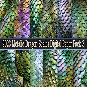 Pode incluir: Um pacote de papel digital com 10 padrões diferentes de escamas de dragão metálicas em tons de verde, azul e roxo. Os padrões estão dispostos em uma grade.