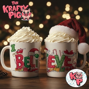 Kubek świąteczny „I BELIEVE”, 11-uncjowy kubek do sublimacji, kubek świąteczny, kubek PNG, uroczy kubek, kubki świąteczne, kubek na gorącą czekoladę, kubek wigilijny