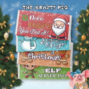 4er Set WEIHNACHTEN Nette Liste, Weihnachtsmann, Schneemann, Lebkuchen, Elfe, Geschenk-Schokoriegel, digitale Verpackung