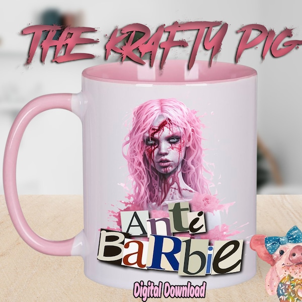 Pink ZOMBIE GIRL Anti-Barb Movie 11oz MUG Sublimation, Digital craft Princess clipart, Custom Gothic Horror Doll Cup design wrap, unique art