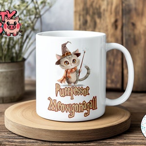 May include: White ceramic mug with a cartoon illustration of a gray cat wearing a witch's hat and holding a wand. The text "Purrfessor Meowgonagall" is printed below the cat.