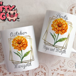 GEBOORTEmaand BLOEM 11oz mokontwerp, goudsbloem OKTOBER betekent sublimatie aangepaste mokomslag, gepersonaliseerd cadeau voor moeder, oma, tante en vrienden
