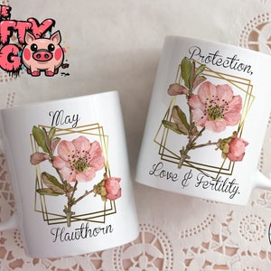 GEBURTS-Monats-BLUME 11 Unzen Becher-Design, MAI Weißdorn Bedeutung Sublimation Benutzerdefinierte Becherverpackung, personalisiertes Geschenk für Mutter, Oma, Tante und Freunde