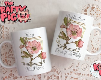 Taza personalizada con diseño de flor de 11 oz para el mes de nacimiento, con el significado de espino de mayo, regalo personalizado para mamá, abuela, tía y amigas.