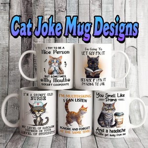 Set von 5 lustigen niedlichen Katzenliebhaber 11 Unzen MUG Designs, Sublimation, Custom, Mug Label Design, personalisiertes Geschenk Cup Bundle, einzigartig, inspirierend Zitate