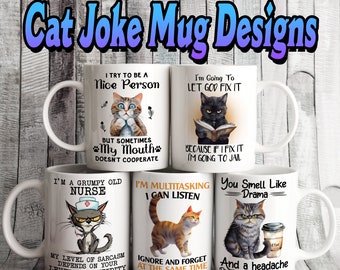 Set of 5 Funny Cute Cat lover 11oz MUG Designs,Sublimation,Custom,Mug label Design, personalized Gift Cup Bundle,unique,inspirational quotes