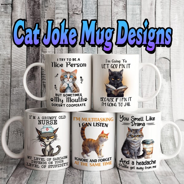 Set di 5 divertenti disegni MUG per amanti dei gatti carini da 11 once, sublimazione, personalizzato, design etichetta tazza, pacchetto tazza regalo personalizzato, citazioni uniche e ispiratrici