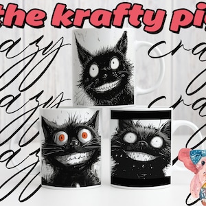 3er Set CRAZY CAT 11 Unzen BECHER-Designs, benutzerdefinierte Sublimationsbecher-Verpackung, personalisiertes Geschenk, Cup Art Bundle, einzigartige handgezeichnete Schwarz-Weiß-Clipart