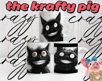Set of 3 CRAZY CAT 11oz MUG Designs, Sublimation Custom Mug Wrap, Personalized Gift, Cup art Bundle, Unique Hand Drawn Black & White Clipart