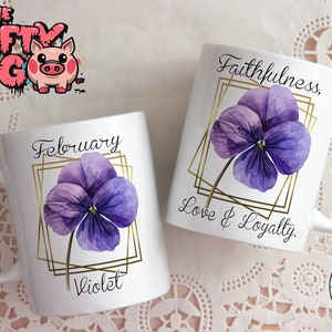 GEBURTS-Monats-BLUME 11 Unzen Becher-Design, FEBRUAR Violet Bedeutung Sublimation Benutzerdefinierte Becherverpackung, personalisiertes Geschenk für Mutter, Oma, Tante und Freunde