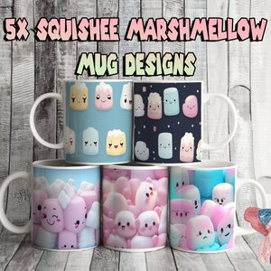 Set di 5 graziose tazze di marshmallow squishy, stampate a sublimazione, clipart digitali artigianali, design unici per tazze da caffè da 11 oz. Super carine!