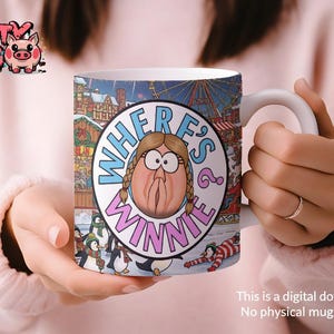 以下が含まれることがあります： 白いセラミックマグカップ。漫画のイラストが特徴です。「WHERE'S WINNIE？」の文字が円で描かれ、ペンギンと観覧車のある冬のシーンが背景に描かれています。左上にはKrafty Pigのロゴがあります。