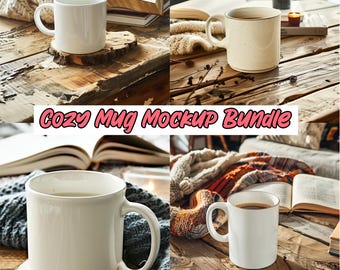 4 x Cozy Mug Mockup Bundle – Blanket, Books & Warm Lighting Aesthetic