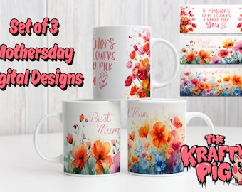 Diseño floral para taza del Día de la Madre: 3 diseños PNG para sublimación (descarga digital)
