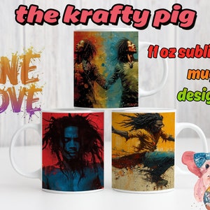 3 "ONE LOVE" Reggae 11 Unzen Tassendesigns, benutzerdefinierte Sublimationstasse, Aquarelltassendesigns, jamaikanische Tassenverpackung, digitaler Download, Bob PNG Designs.
