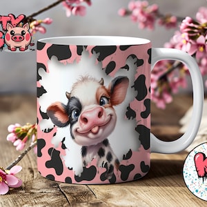 Niedliches Kuh-Becher-Design, Sublimationstasse 11 Unzen Becherverpackung, benutzerdefiniertes Becher-Design, personalisiertes Geschenk, Kaffeetasse, Kuhbecher, rosa Tasse, Kuhdruckbecherverpackung, PNG