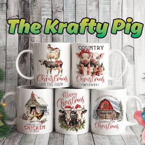 Set von 5 Weihnachten auf dem FARM 11 Unzen MUG Designs, Sublimation Verpackung, benutzerdefinierte Becher Design, personalisierte Geschenktasse, heiße Schokolade Tasse, Bauernhof Tiere
