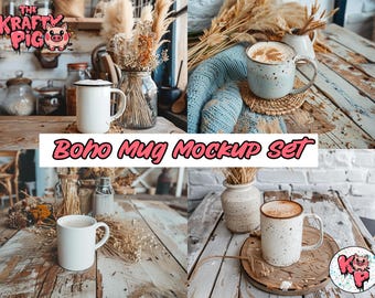 Boho Mug Mockup Set – Neutral Tones, Pampas & Rattan Aesthetic