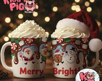 Merry and Bright Christmas Mug Wrap  Santa & Snowman Hot Chocolate Wrap  Digital Download  11oz Printable Mug Design