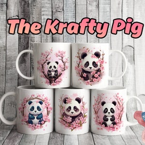Lot de 5 modèles de MUG fleurs de cerisier PANDA roses 11 oz, sublimation personnalisée, clipart de tasse, lot de tasses cadeau personnalisé, cadeau unique pour la Saint-Valentin !