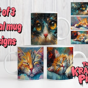 3 designs de MUG somnolents peints 11 oz, designs de mugs par sublimation, mugs personnalisés, mugs chat aquarelle, designs numériques PNG, chats adorables