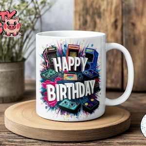 Retro Arcade "HAPPY BIRTHDAY" Tassenverpackung, Sublimationstasse 11 Unzen Tassendesign, Geschenk für ihn, Geburtstagsgeschenk, Gaming-Becherverpackung, PNG-Becherverpackung, Gamer-Becher