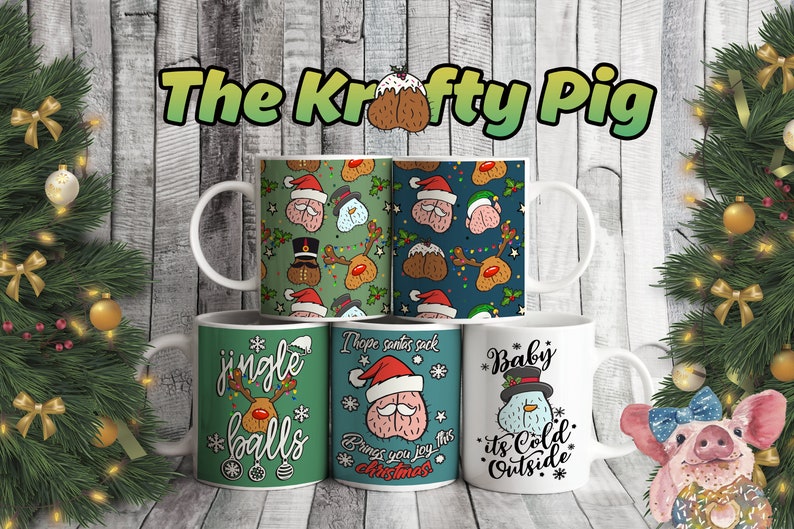 May include: Set of six white ceramic mugs with Christmas-themed designs. The mugs feature various humorous illustrations and text, including "jingle balls", "I hope Santa's sack brings you joy this Christmas", and "Baby it's cold outside".