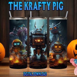 May include: Three stainless steel tumblers with a digital download design featuring characters from the video game "Minecraft". The tumblers are black with a dark blue background and feature a variety of characters, including a zombie, a creeper, and a skeleton. The text "THE KRAFTY PIG" is at the top of the image.