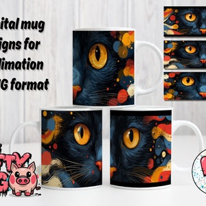 May include: Three white ceramic mugs with colorful abstract designs featuring a black cat's face with yellow eyes. The designs include splashes of red, yellow, blue, and white paint.