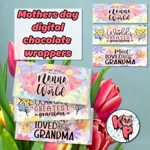 Set of 3 MOTHER'S DAY Chocolate bar Wrappers, Celebration Gift, Personalised Chocolate Bar, Candy Bar Digital label, Gift for Grandma, Nanna